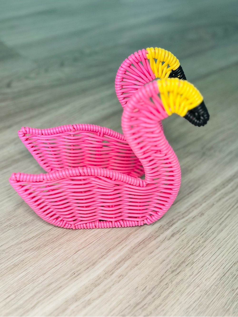 Flamingo-Shaped NAPKIN HOLDER   Plastic 'Wicker' +Wire   6.5" H x 6" W x 3.5" D